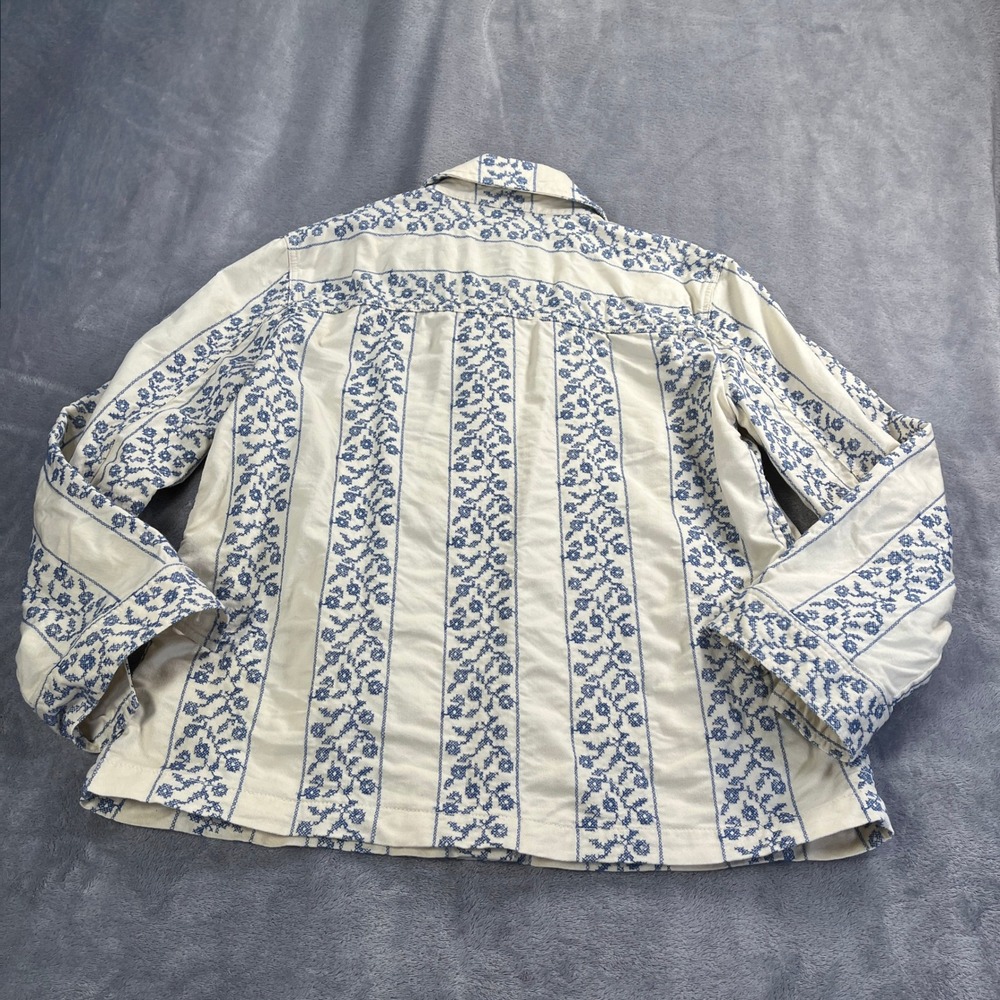 LOFT Embroidered Floral Utility Jacket Womens Medium Cream Blue Cotton Excellent - Picture 6 of 11